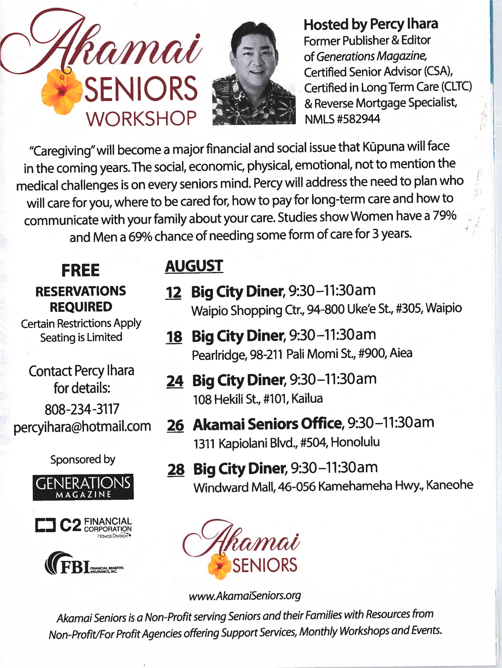 Akamai Seniors Caregiving Workshop — five August dates across Oahu, hosted by Percy Ihara