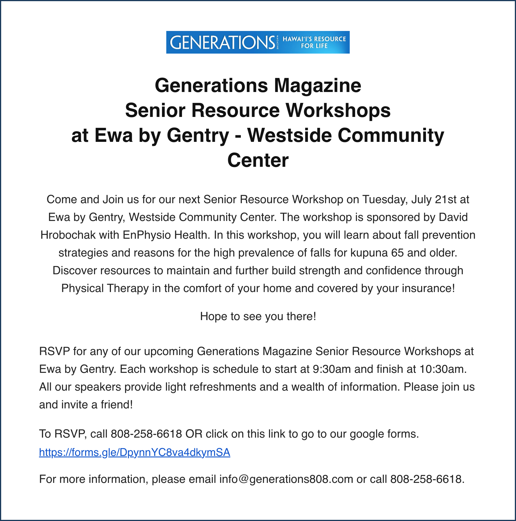 Senior Resource Workshops at Ewa by Gentry — Tuesday July 21, Westside Community Center