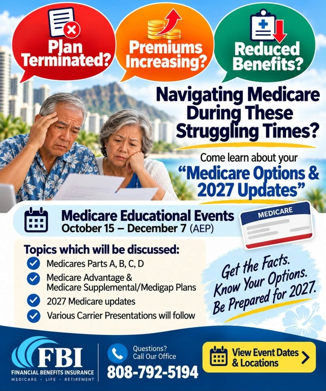 Medicare Options & 2027 Updates flyer, free 8 AM Medicare sessions in Honolulu, Hilo and Kauai, October and November 2026